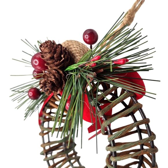 Vintage Large Rustic Woven Wreath Christmas Ornament Pine Cones & Bells 6" - Picture 5 of 6